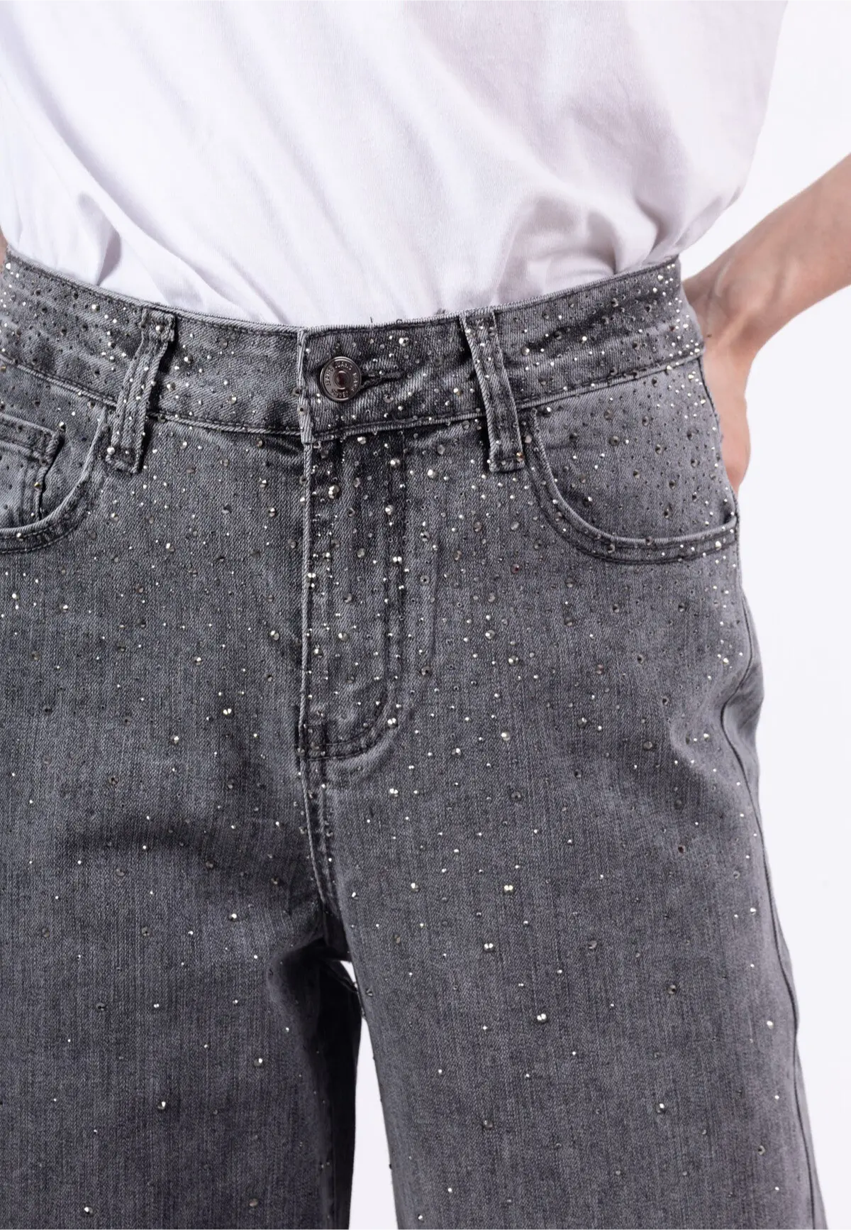 Grijze wide leg jeans met glitters, hoge taille en wijde pijpen voor een comfortabele en stijlvolle look.