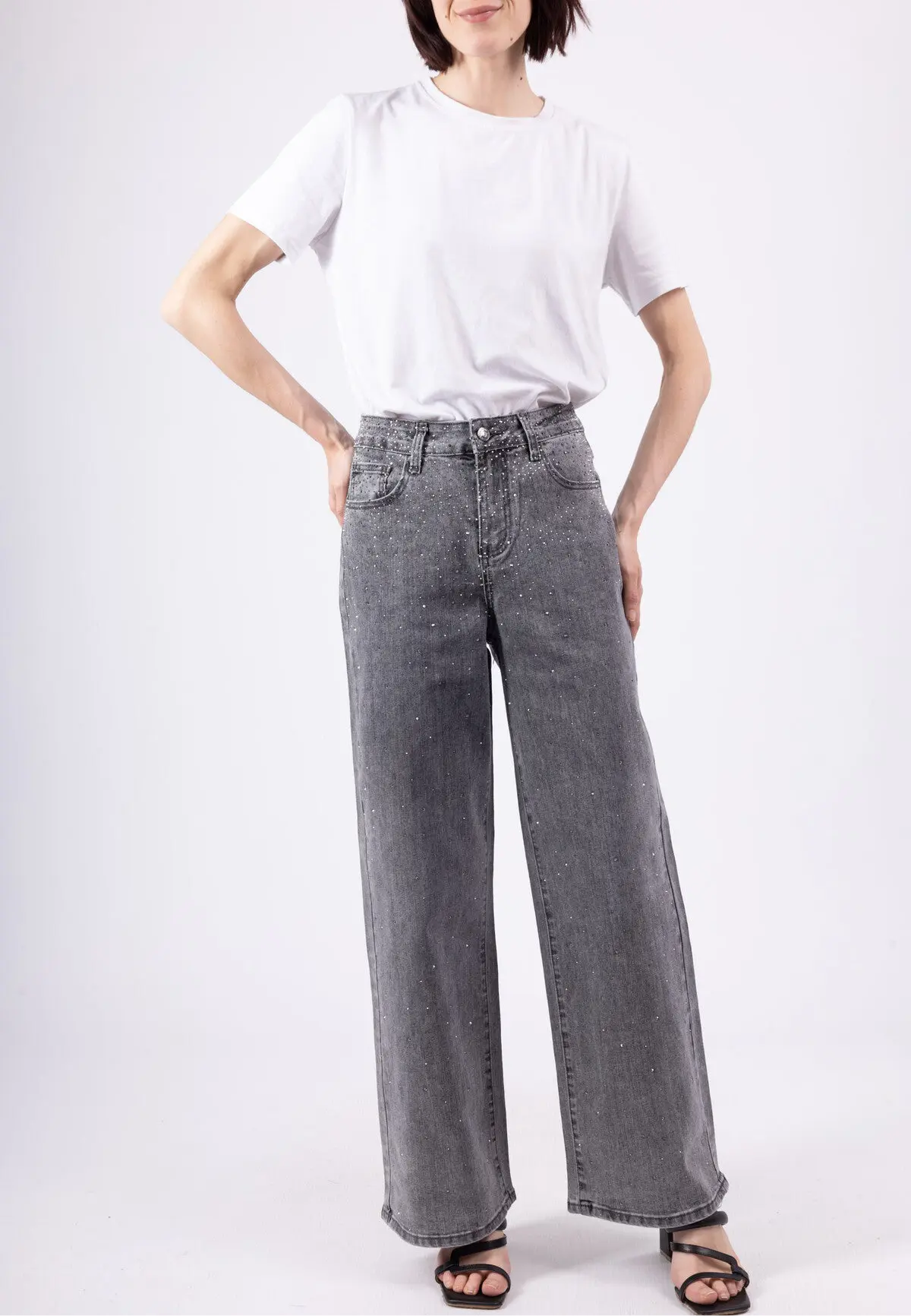 Grijze wide leg jeans met glitters, hoge taille en wijde pijpen voor een comfortabele en stijlvolle look.