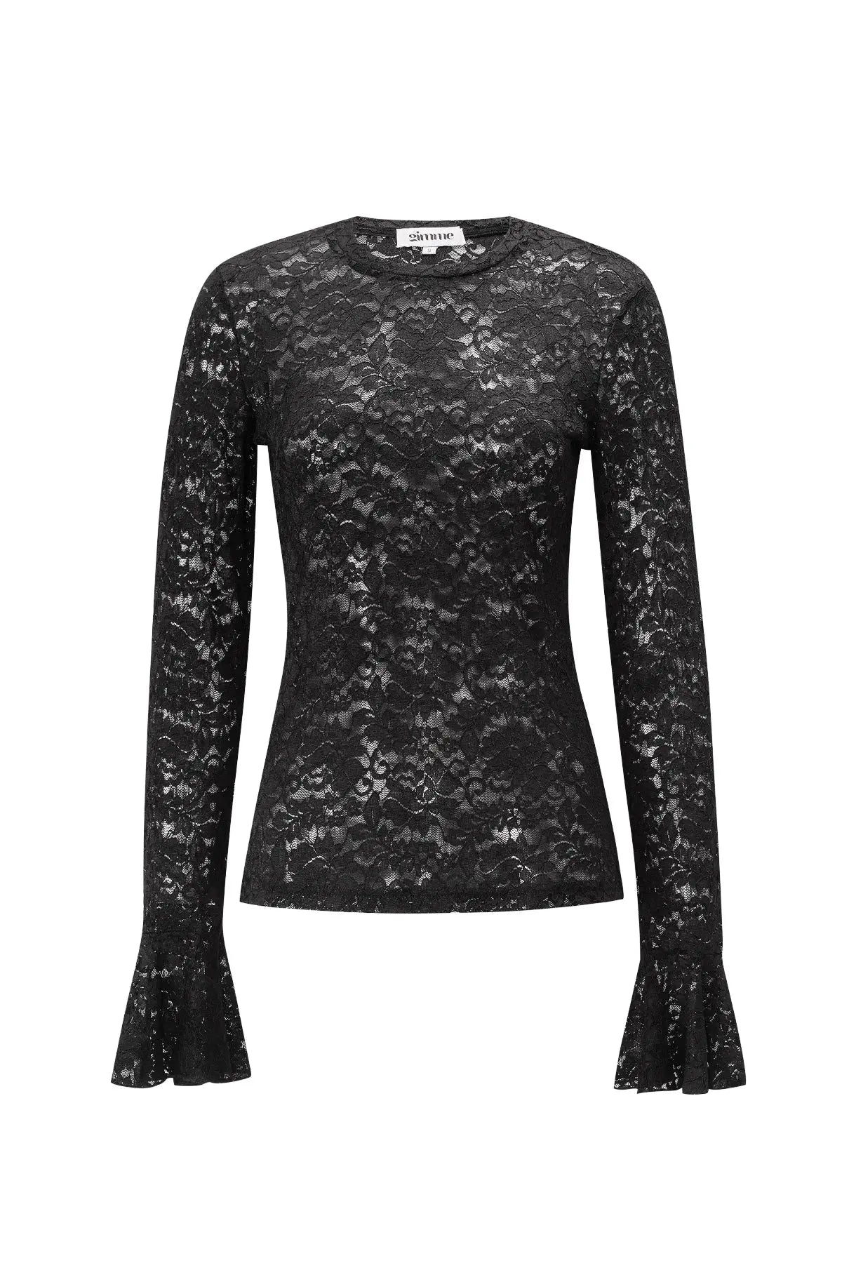 Zwarte kanten top met uitlopende mouwen, transparante details en elegante, vrouwelijke uitstraling.