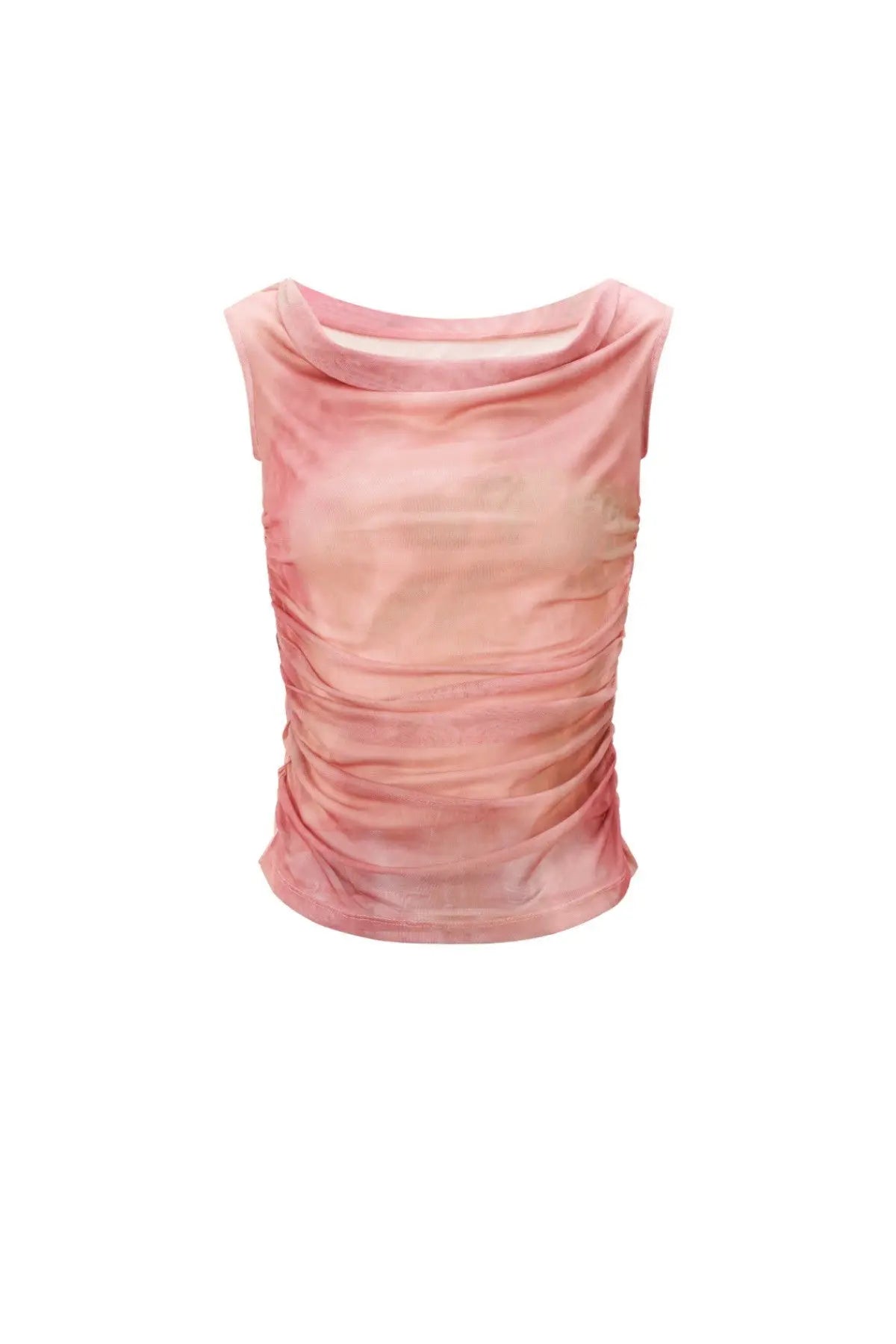 Voorkant roze tie dye top met aansluitende pasvorm en stretch, ideaal voor zowel casual als feestelijke look.