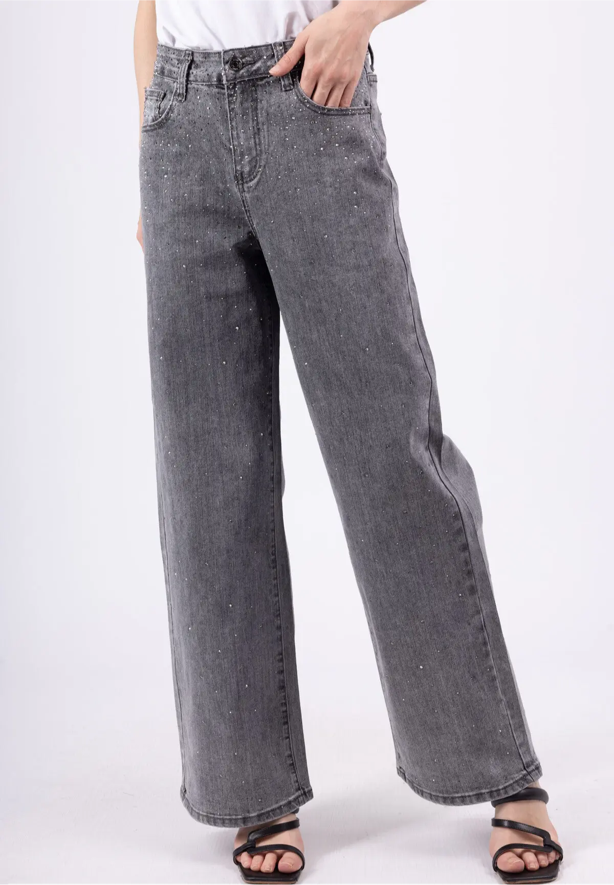 Voorkant van grijze wide leg jeans met glitters, hoge taille, rechte pijpen en comfortabele pasvorm, ideaal voor een trendy look.