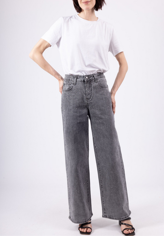 Grijze wide leg jeans met glitters, hoge taille en wijde pijpen voor een comfortabele en stijlvolle look.