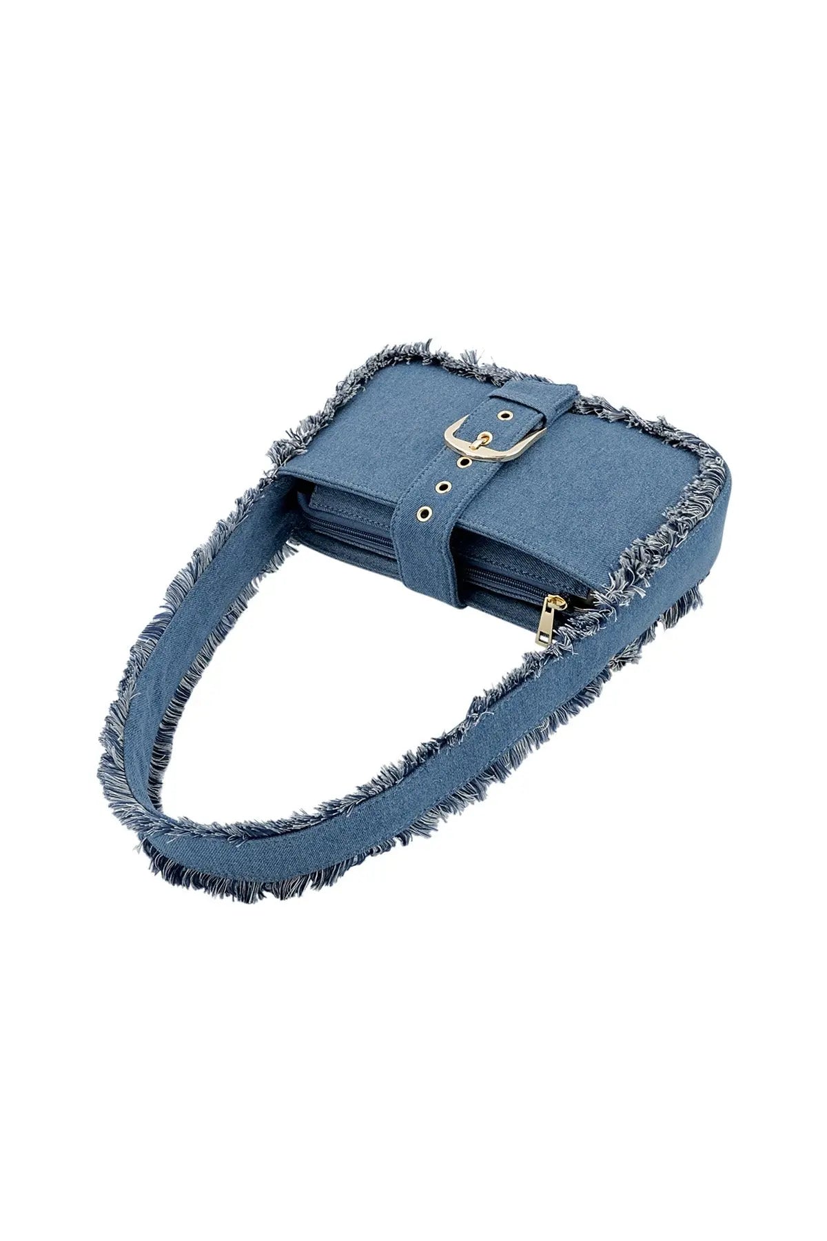 Bovenaanzicht van denim schoudertas met ruffles, met zicht op de opening van de tas en de ruffle-details langs de randen.