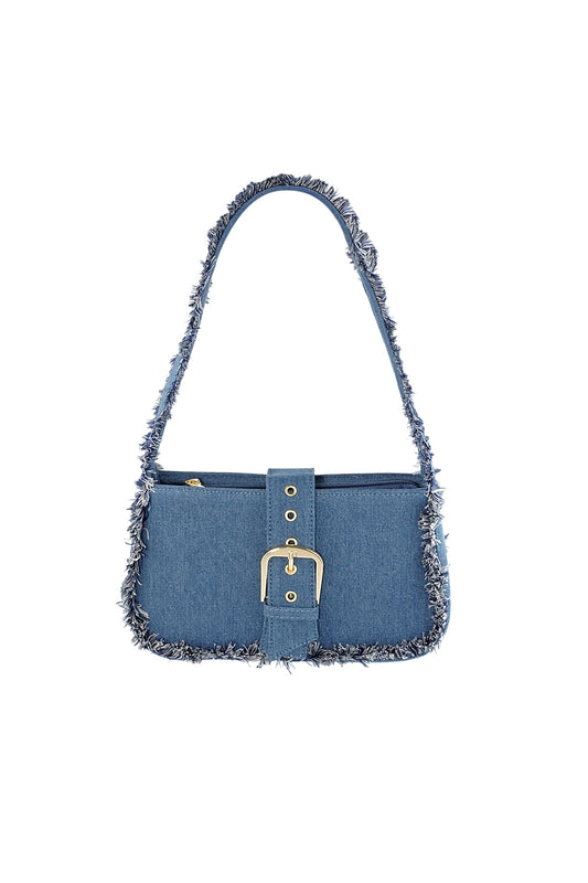 Denim schoudertas met ruffles, speels en trendy ontwerp met verstelbare schouderband en ruim hoofdvak.